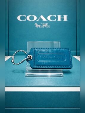 Coach Teal Leather Logo Tag Keychain